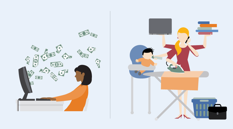 illustrated comparison of paycheck at work and life household jobs