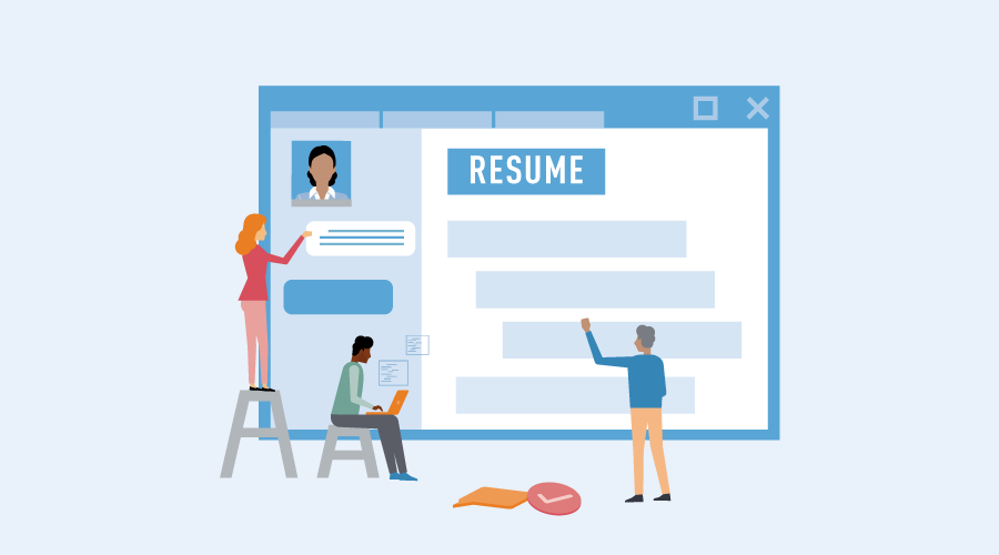 three animated characters creating a resume