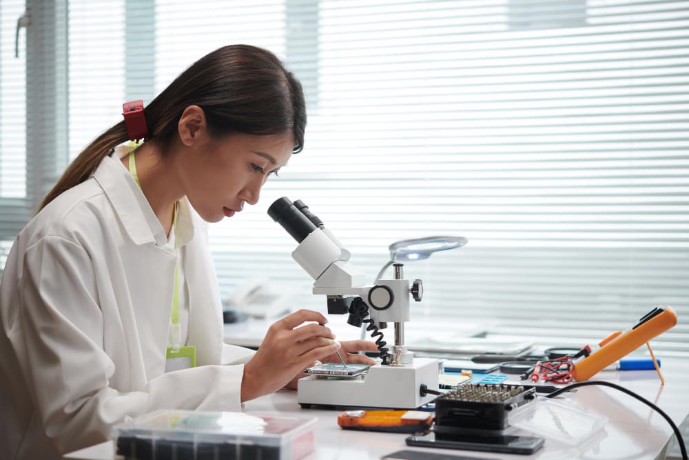 A woman Engineer looking through microscope when repairing computer hard drive