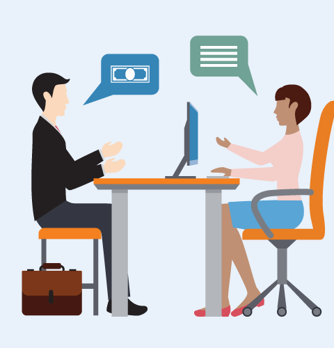 illustrated man and woman talking during an interview for a job