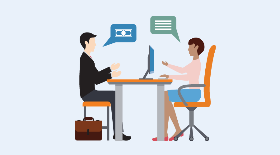 illustrated man and woman talking during an interview for a job