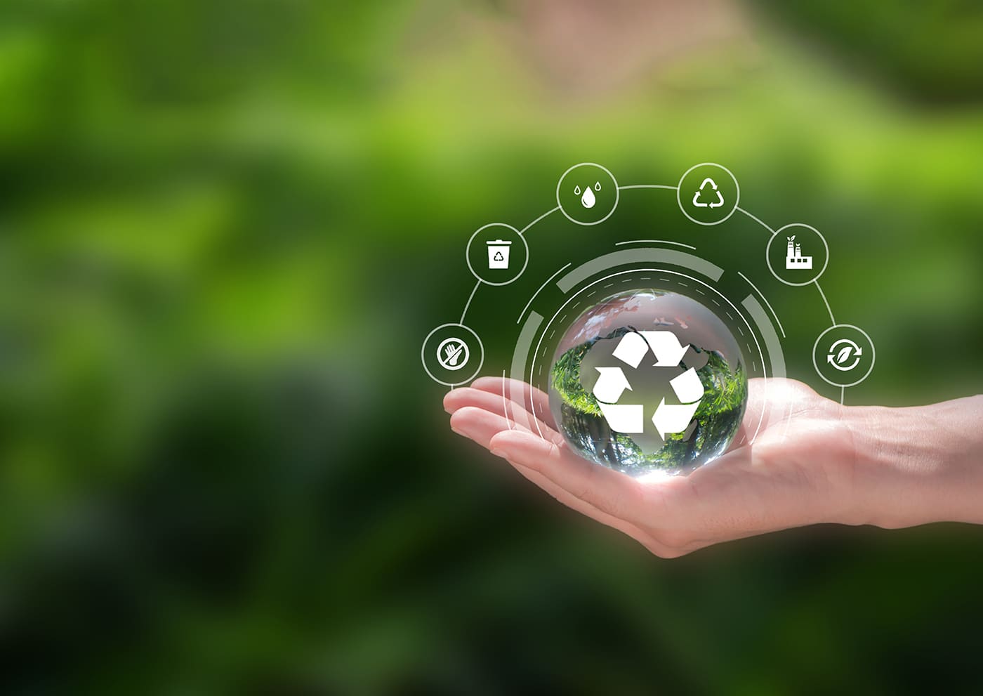 sustainability icon in natural resources in hands and green blur background