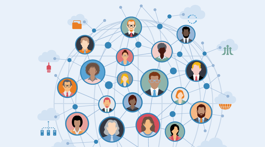 illustration of networking with animated people, a mix of genders and races